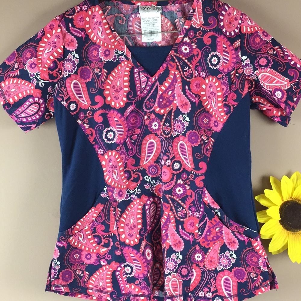 Multi colored paisley scrub top by UA size medium